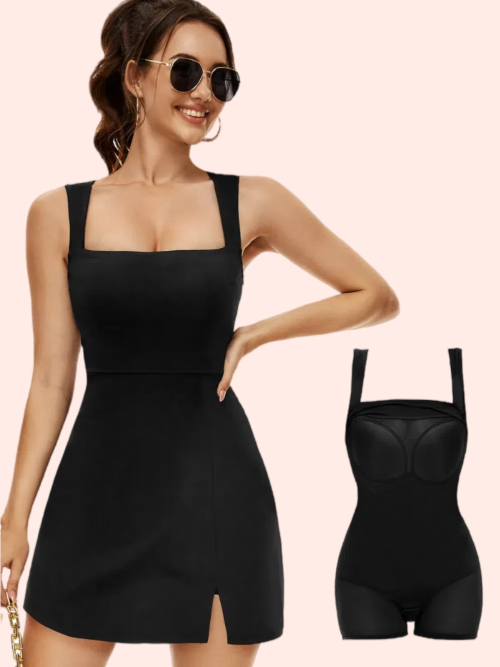 Double Layer Square Neck Mini Shaper Dress-Black