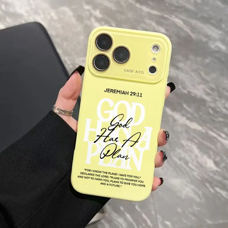 God Has A Plan Print Dopamine Ins Style Solid Color Phone Case with Ultra Skin friendly Touch, All Inclusive Lens Phone Case Suitable for Apple 17 16 15 14 13 12