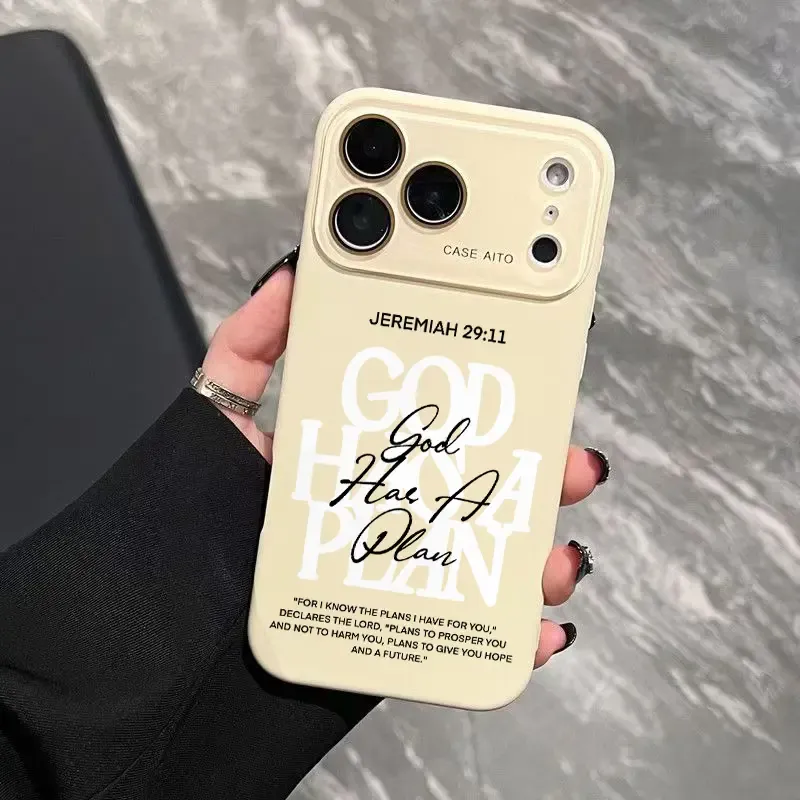God Has A Plan Print Dopamine Ins Style Solid Color Phone Case with Ultra Skin friendly Touch, All Inclusive Lens Phone Case Suitable for Apple 17 16 15 14 13 12