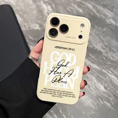 God Has A Plan Print Dopamine Ins Style Solid Color Phone Case with Ultra Skin friendly Touch, All Inclusive Lens Phone Case Suitable for Apple 17 16 15 14 13 12