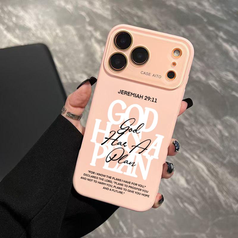 God Has A Plan Print Dopamine Ins Style Solid Color Phone Case with Ultra Skin friendly Touch, All Inclusive Lens Phone Case Suitable for Apple 17 16 15 14 13 12