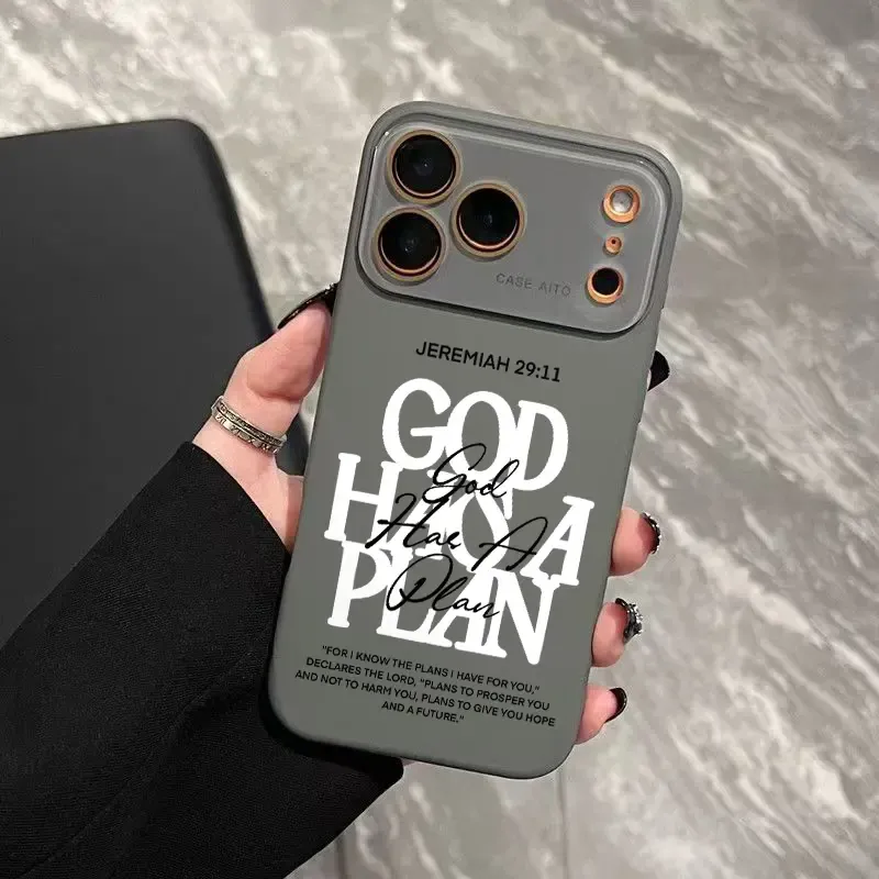 God Has A Plan Print Dopamine Ins Style Solid Color Phone Case with Ultra Skin friendly Touch, All Inclusive Lens Phone Case Suitable for Apple 17 16 15 14 13 12