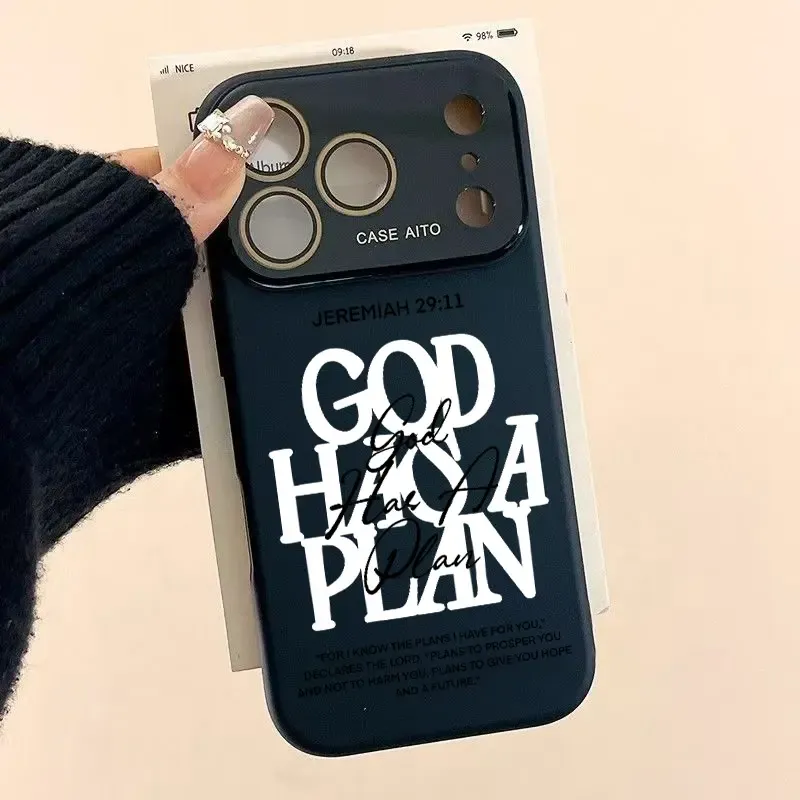 God Has A Plan Print Dopamine Ins Style Solid Color Phone Case with Ultra Skin friendly Touch, All Inclusive Lens Phone Case Suitable for Apple 17 16 15 14 13 12