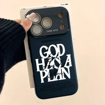 God Has A Plan Print Dopamine Ins Style Solid Color Phone Case with Ultra Skin friendly Touch, All Inclusive Lens Phone Case Suitable for Apple 17 16 15 14 13 12