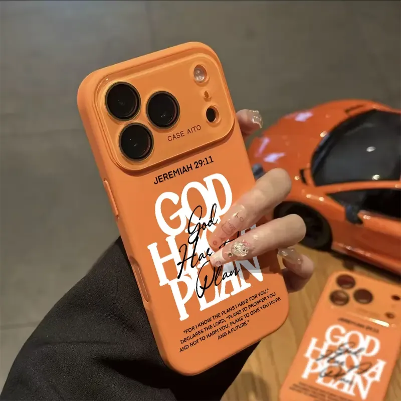 God Has A Plan Print Dopamine Ins Style Solid Color Phone Case with Ultra Skin friendly Touch, All Inclusive Lens Phone Case Suitable for Apple 17 16 15 14 13 12