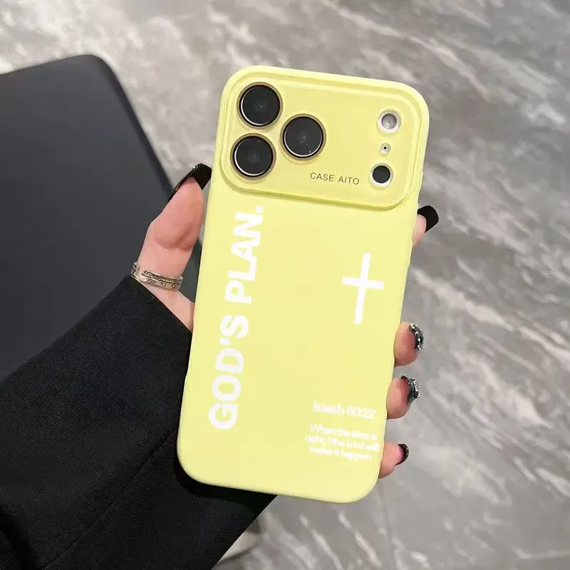 God's Plan Dopamine Ins Style Solid Color Phone Case with Ultra Skin friendly Touch, All Inclusive Lens Phone Case Suitable for Apple 17 16 15 14 13 12