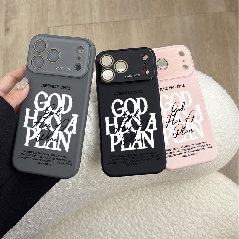 God Has A Plan Print Dopamine Ins Style Solid Color Phone Case with Ultra Skin friendly Touch, All Inclusive Lens Phone Case Suitable for Apple 17 16 15 14 13 12