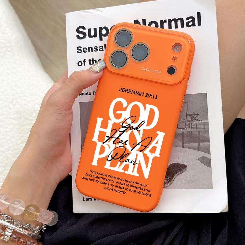 God Has A Plan Print Dopamine Ins Style Solid Color Phone Case with Ultra Skin friendly Touch, All Inclusive Lens Phone Case Suitable for Apple 17 16 15 14 13 12