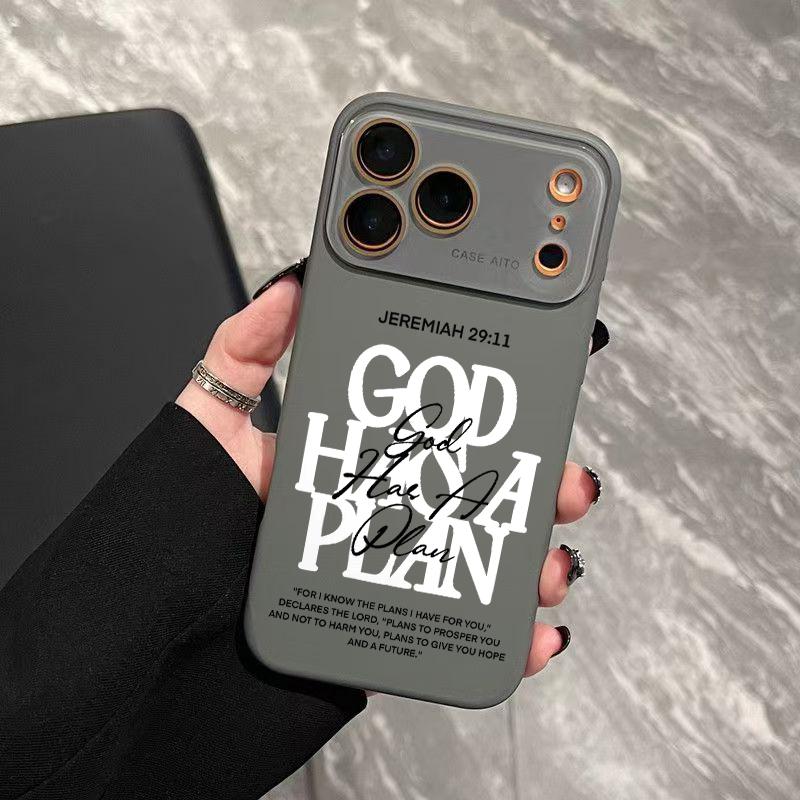 God Has A Plan Print Dopamine Ins Style Solid Color Phone Case with Ultra Skin friendly Touch, All Inclusive Lens Phone Case Suitable for Apple 17 16 15 14 13 12