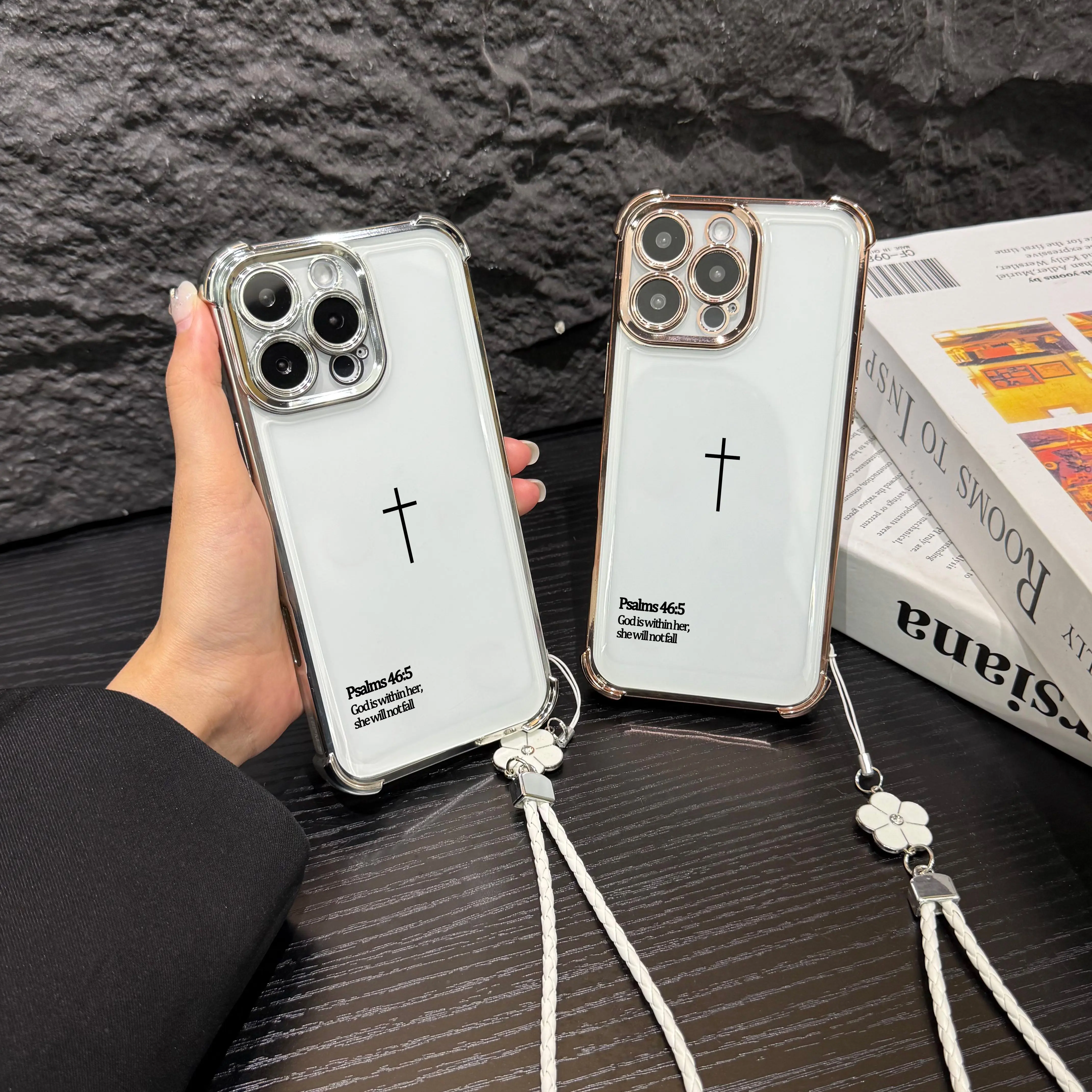 Psalms 46:5 Quote Phone Case for iPhone Samsung Galaxy 17Pro Max Air 16 15Plus 14 13 12 11 XR XS S25 S24 S23 S22 Cases Empowering Scripture Verse Pattern All Seasons Durable Bumper with Strap White Silver Minimalist Art Cellphone Protective Casing  NN45