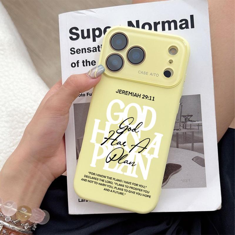 God Has A Plan Print Dopamine Ins Style Solid Color Phone Case with Ultra Skin friendly Touch, All Inclusive Lens Phone Case Suitable for Apple 17 16 15 14 13 12