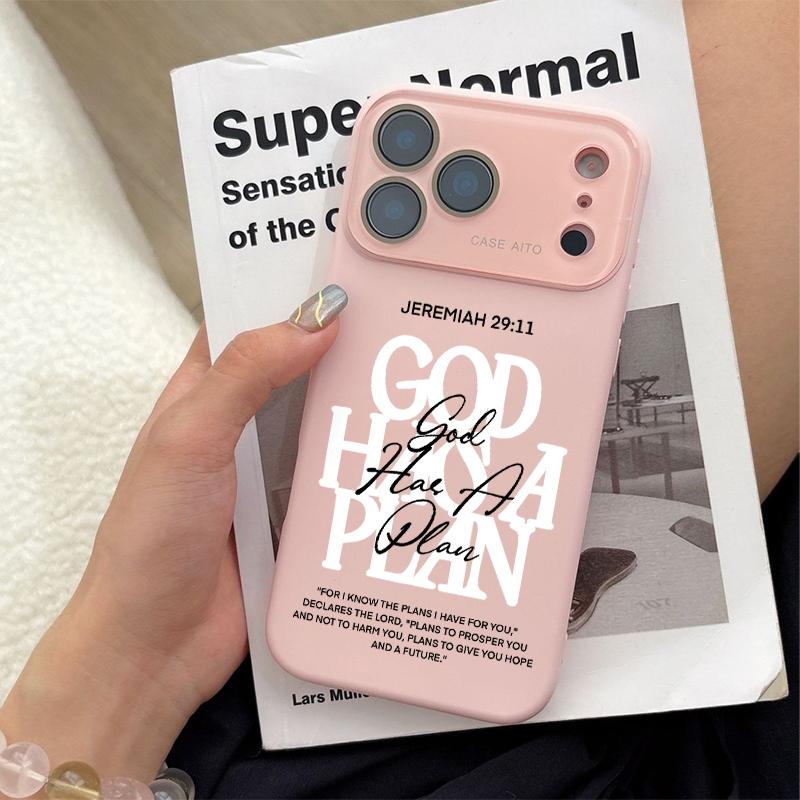 God Has A Plan Print Dopamine Ins Style Solid Color Phone Case with Ultra Skin friendly Touch, All Inclusive Lens Phone Case Suitable for Apple 17 16 15 14 13 12