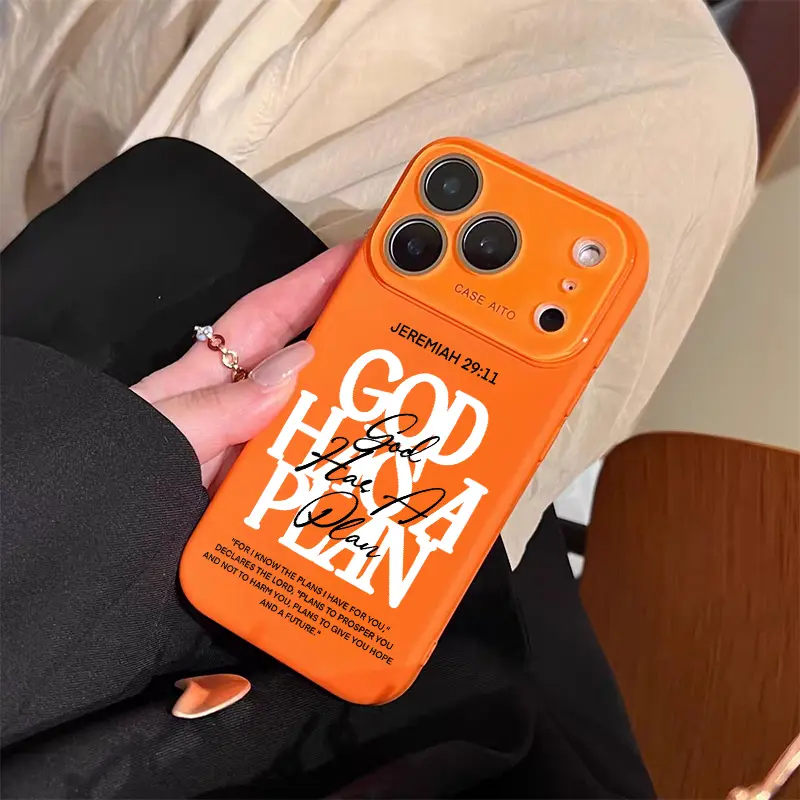 God Has A Plan Print Dopamine Ins Style Solid Color Phone Case with Ultra Skin friendly Touch, All Inclusive Lens Phone Case Suitable for Apple 17 16 15 14 13 12