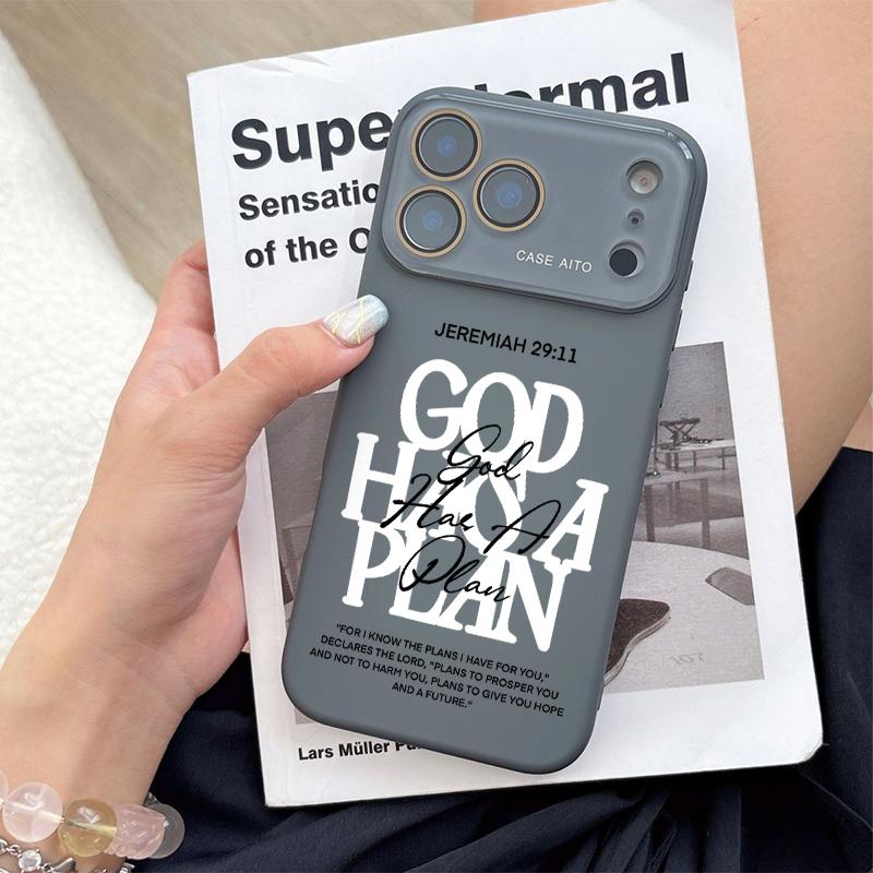 God Has A Plan Print Dopamine Ins Style Solid Color Phone Case with Ultra Skin friendly Touch, All Inclusive Lens Phone Case Suitable for Apple 17 16 15 14 13 12