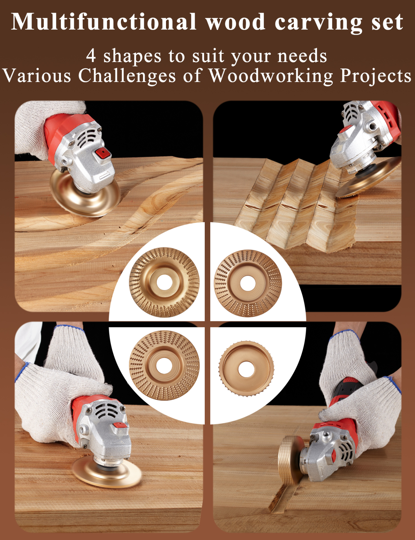VOUHLAE 4PCS Wood Carving Disc Set+5PCS Rotary Burr Rasp Set,4" or 4 1/2" Angle Grinder with 7/8" Arbor,Grinding Wheel Shaping Discs for Wood Grinding,Wood Angle Grinder Accessories