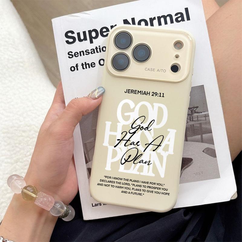 God Has A Plan Print Dopamine Ins Style Solid Color Phone Case with Ultra Skin friendly Touch, All Inclusive Lens Phone Case Suitable for Apple 17 16 15 14 13 12