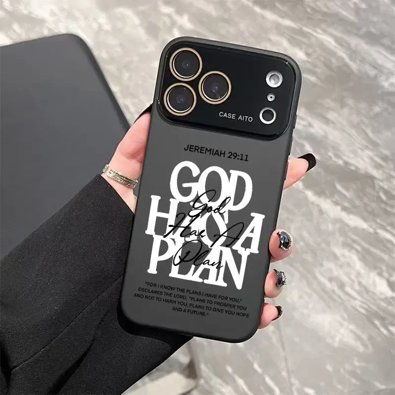 God Has A Plan Print Dopamine Ins Style Solid Color Phone Case with Ultra Skin friendly Touch, All Inclusive Lens Phone Case Suitable for Apple 17 16 15 14 13 12