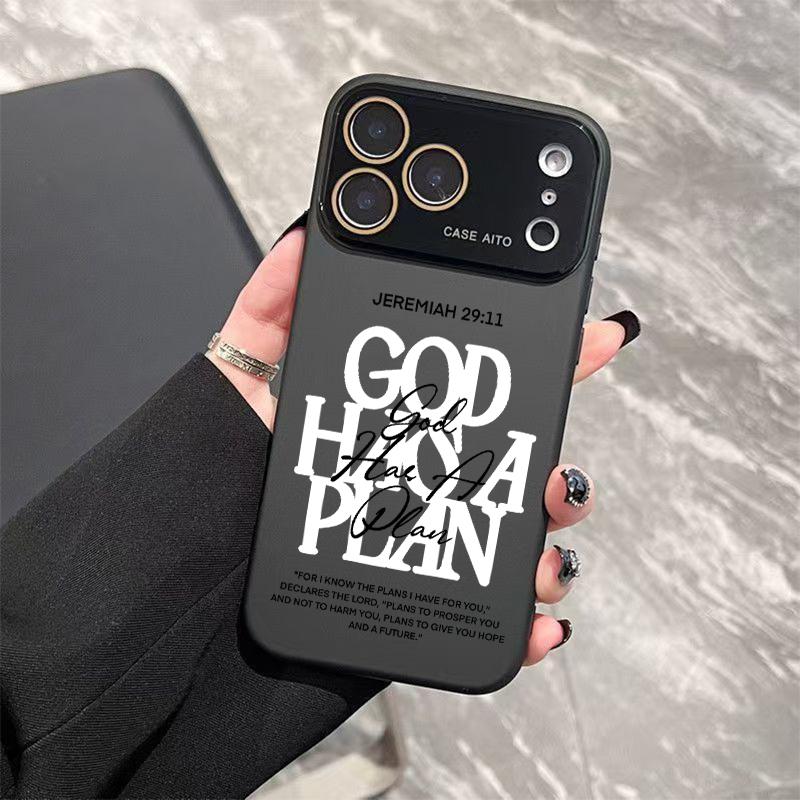 God Has A Plan Print Dopamine Ins Style Solid Color Phone Case with Ultra Skin friendly Touch, All Inclusive Lens Phone Case Suitable for Apple 17 16 15 14 13 12