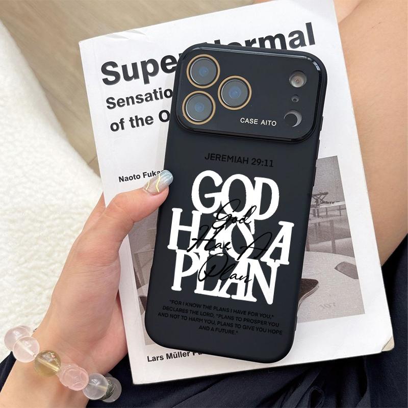 God Has A Plan Print Dopamine Ins Style Solid Color Phone Case with Ultra Skin friendly Touch, All Inclusive Lens Phone Case Suitable for Apple 17 16 15 14 13 12