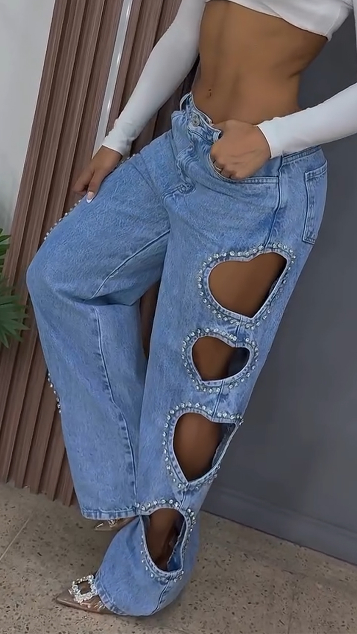 Women's Heart-shaped Diamond Hollow Jeans