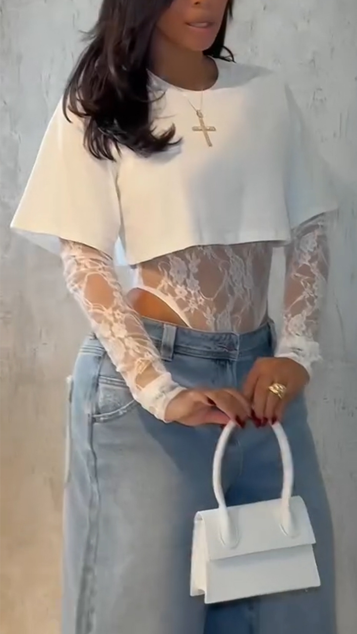 Ladies' Round Neck Solid Color Short T-shirt + Lace Jumpsuit Two-piece Set