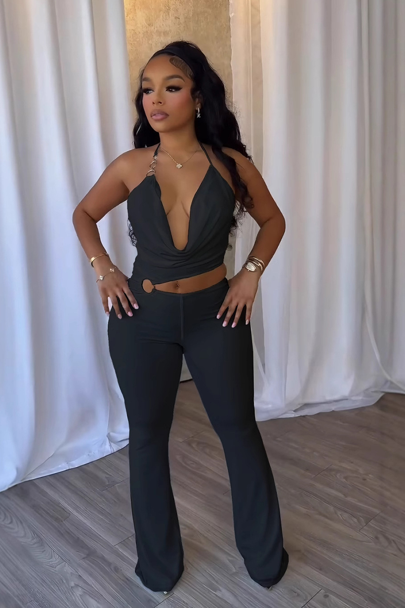 Ladies' Neck Hanging Spliced Hollow Slim Fit Casual Jumpsuit