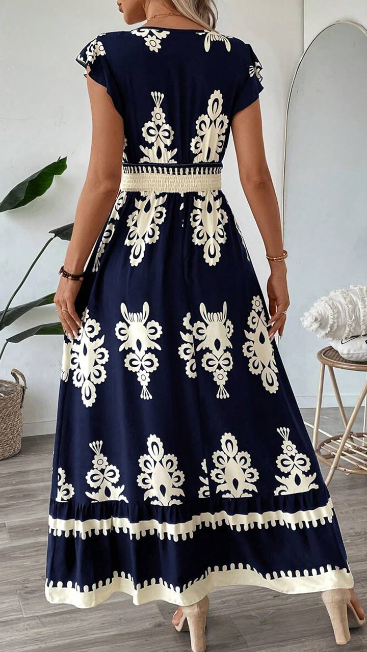 New Summer Women Casual V-Neck Short Sleeve Loose Tie-Dye Printed Split Dress