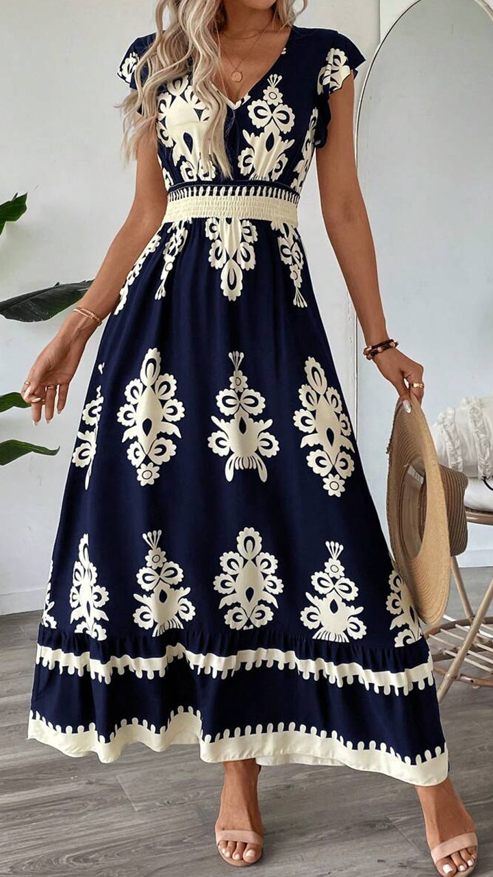 New Summer Women Casual V-Neck Short Sleeve Loose Tie-Dye Printed Split Dress