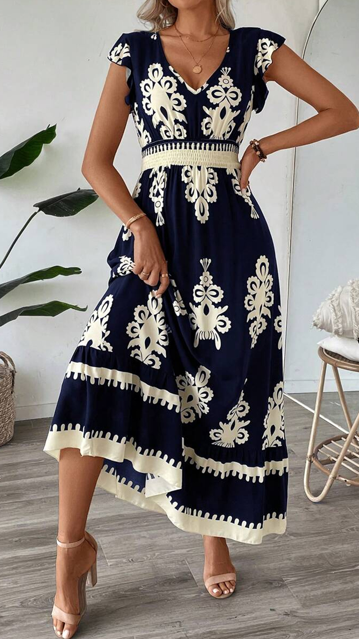 New Summer Women Casual V-Neck Short Sleeve Loose Tie-Dye Printed Split Dress