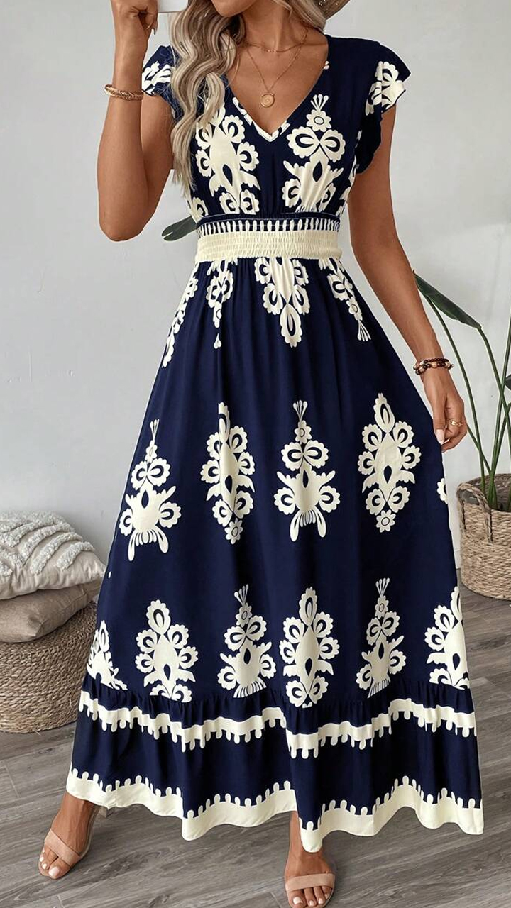 New Summer Women Casual V-Neck Short Sleeve Loose Tie-Dye Printed Split Dress