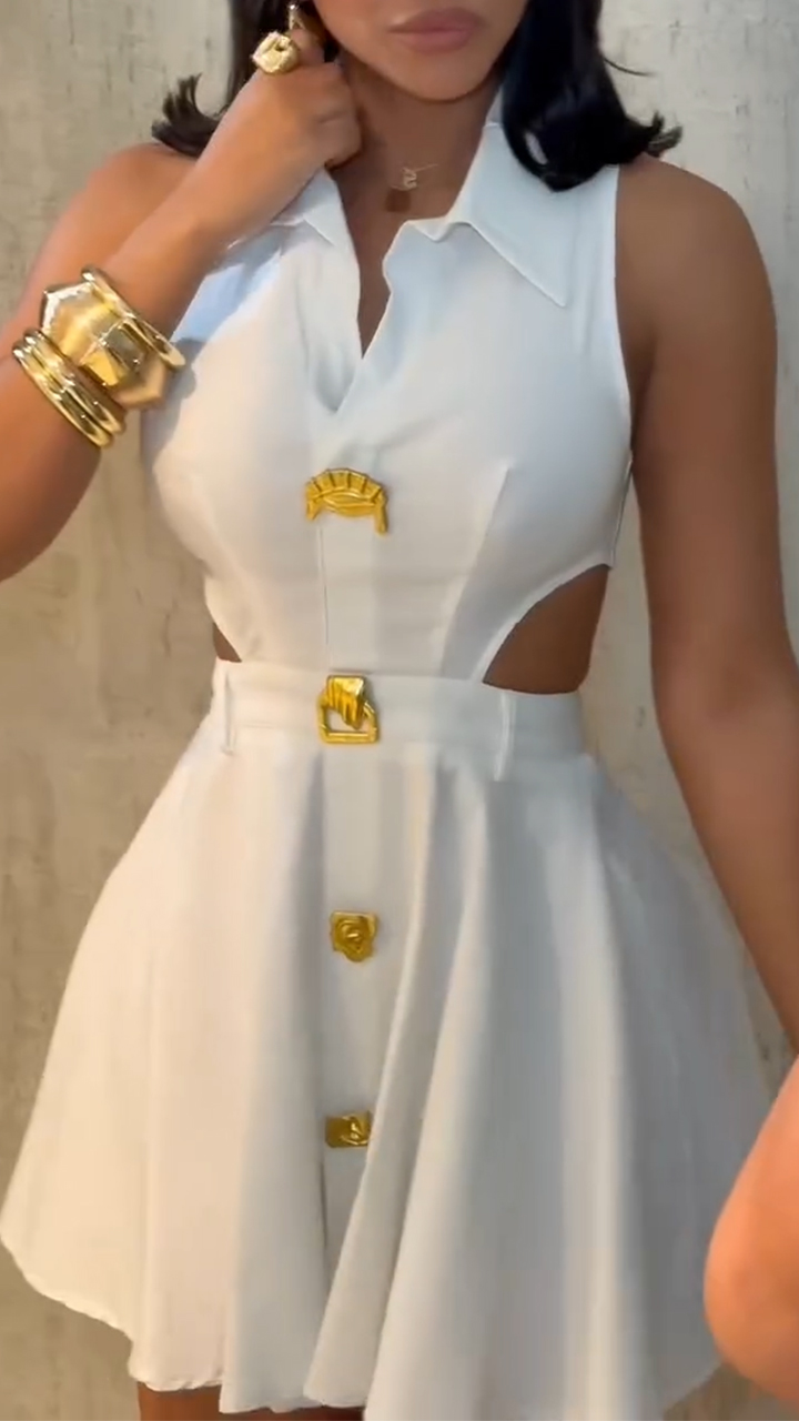 Ladies' Lapel Splicing Hollow Metal Button Temperament and Leisure Dress