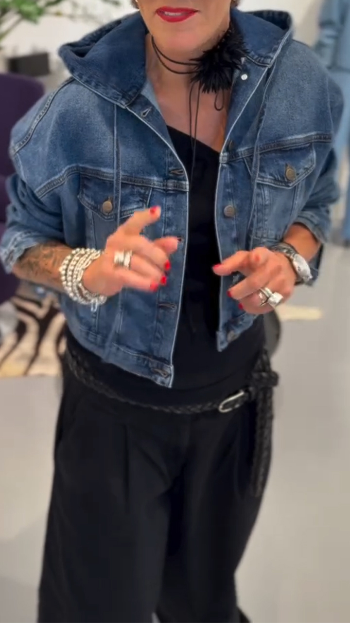 Women Round Neck Hooded Denim Splicing Casual Jacket