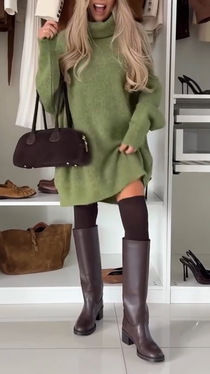 Women's High Collar Lantern Sleeve Loose Casual Sweater Dress