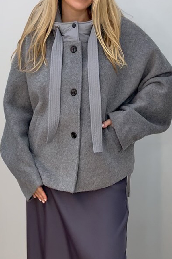 Women Casual Stand Collar Panel Lace-Up Warm Jacket