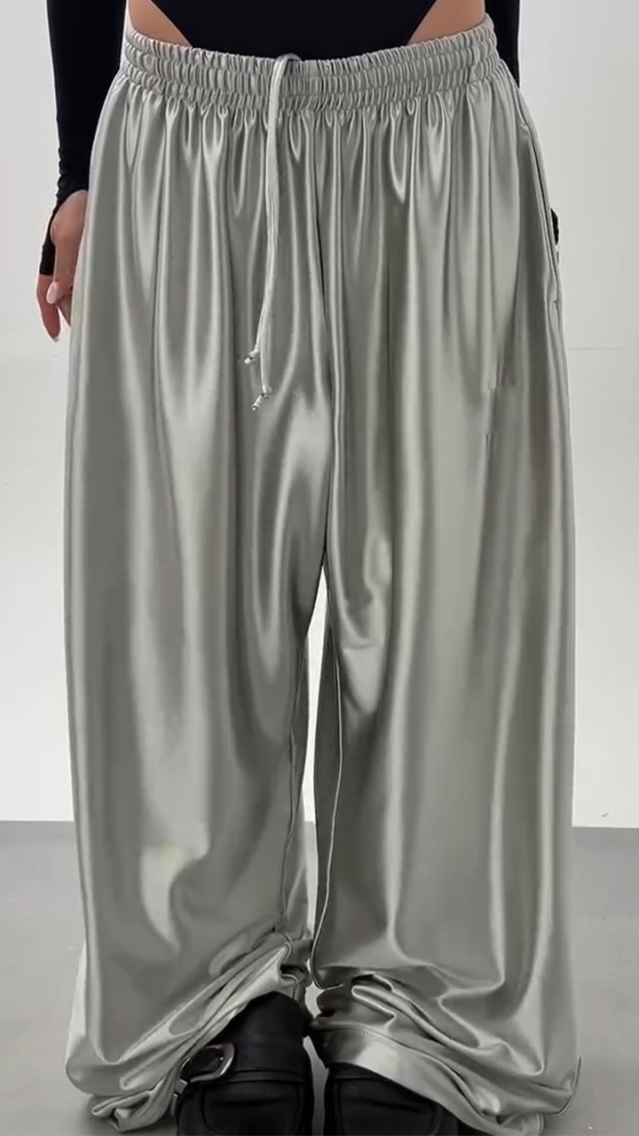 Women Drawstring Satin Casual Wide-leg Pants