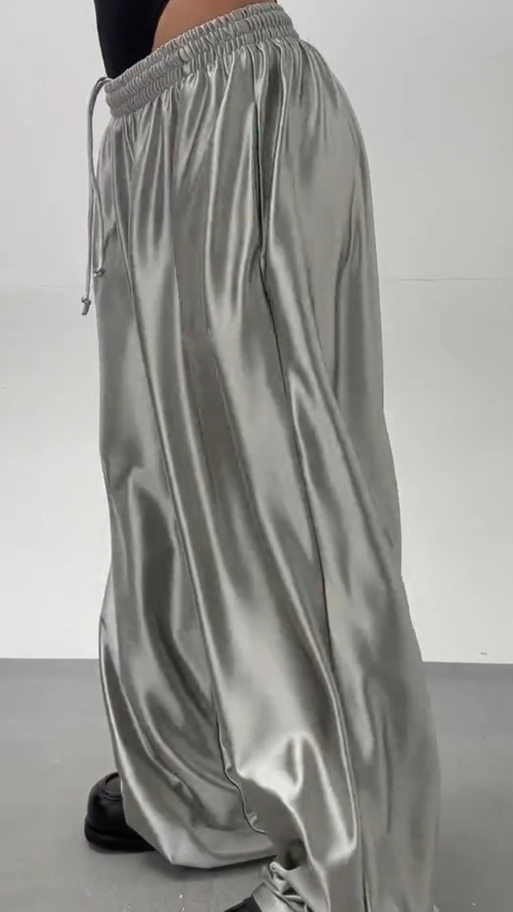 Women Drawstring Satin Casual Wide-leg Pants