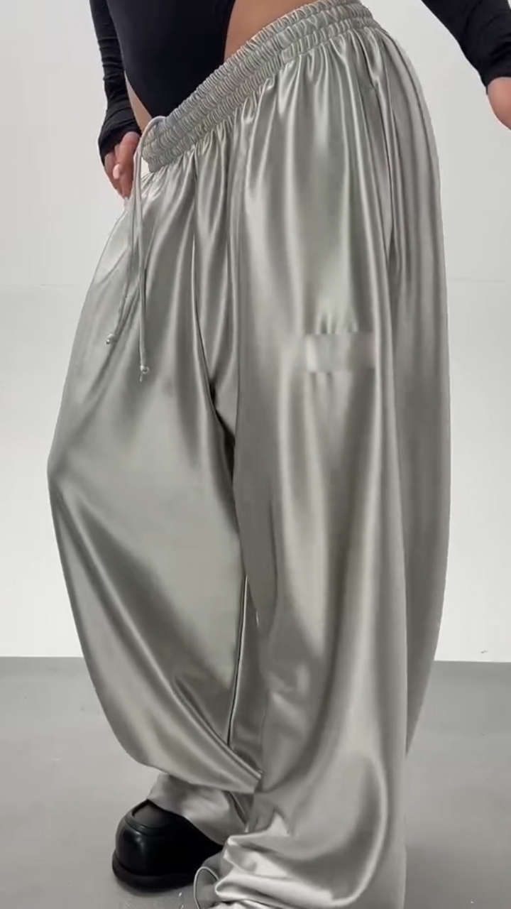 Women Drawstring Satin Casual Wide-leg Pants