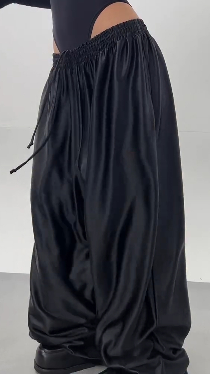 Women Drawstring Satin Casual Wide-leg Pants