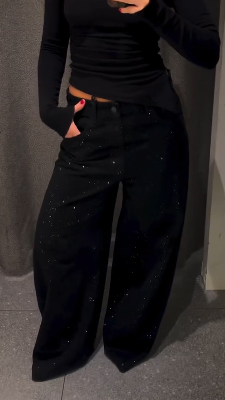 Women Hot Rhinestone Stamping Glitter Casual Jeans