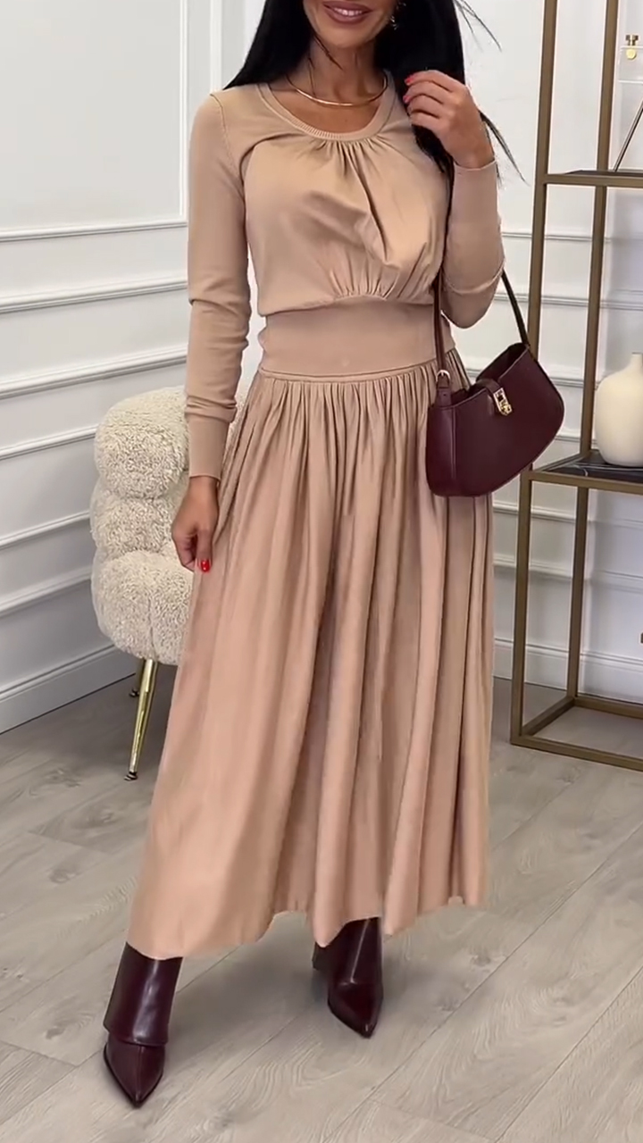 Women Round Neck Spliced Solid Color Casual Dress