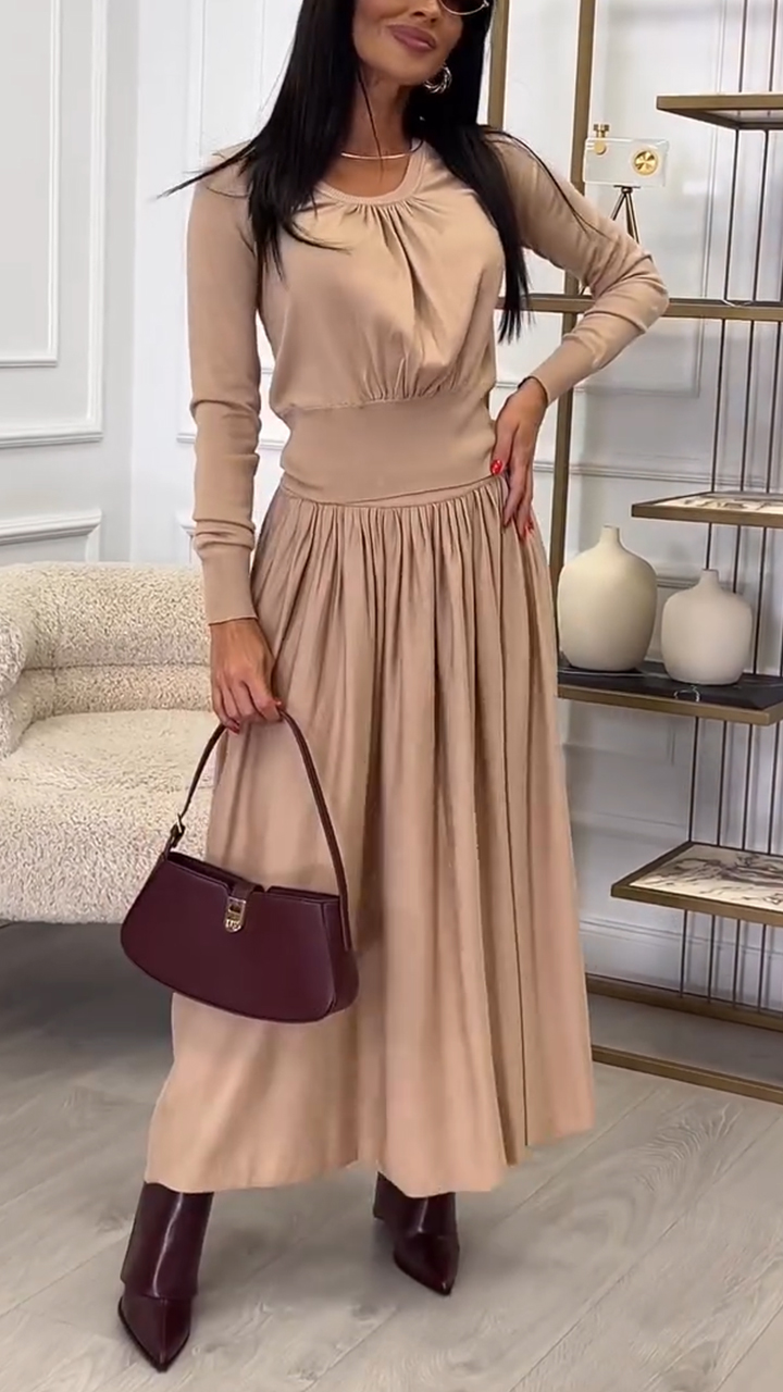 Women Round Neck Spliced Solid Color Casual Dress