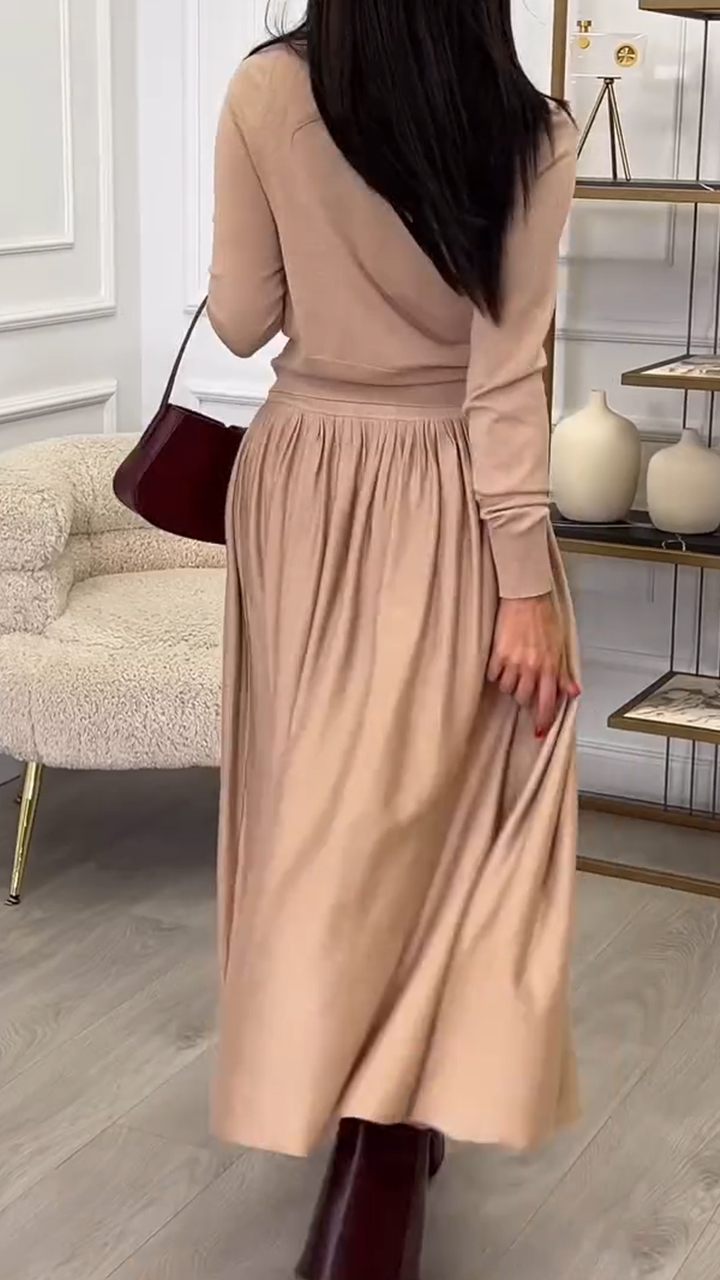 Women Round Neck Spliced Solid Color Casual Dress