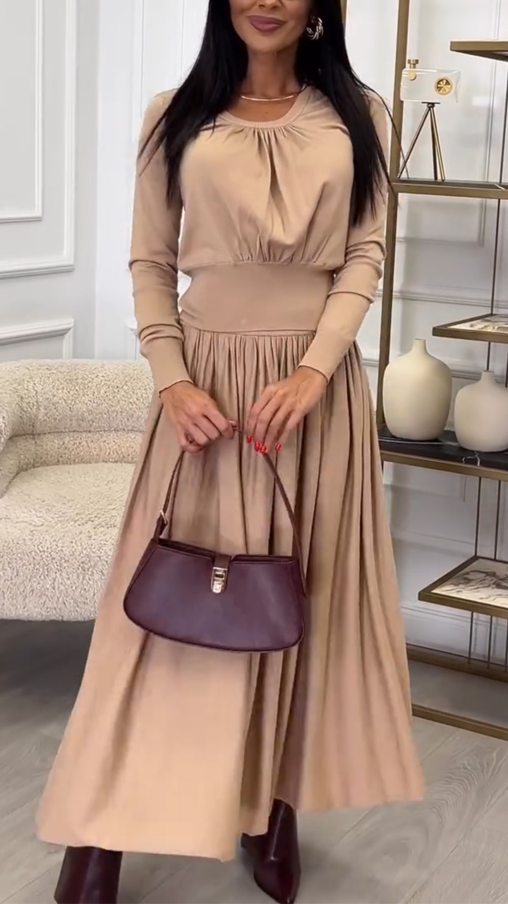 Women Round Neck Spliced Solid Color Casual Dress