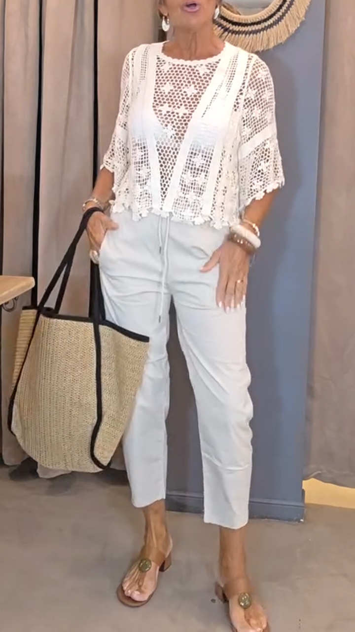 Women Round Neck Hollowed Out Top+ Pants Casual Suit