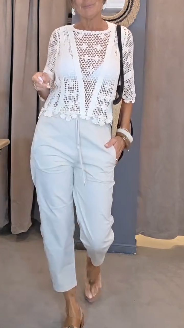 Women Round Neck Hollowed Out Top+ Pants Casual Suit