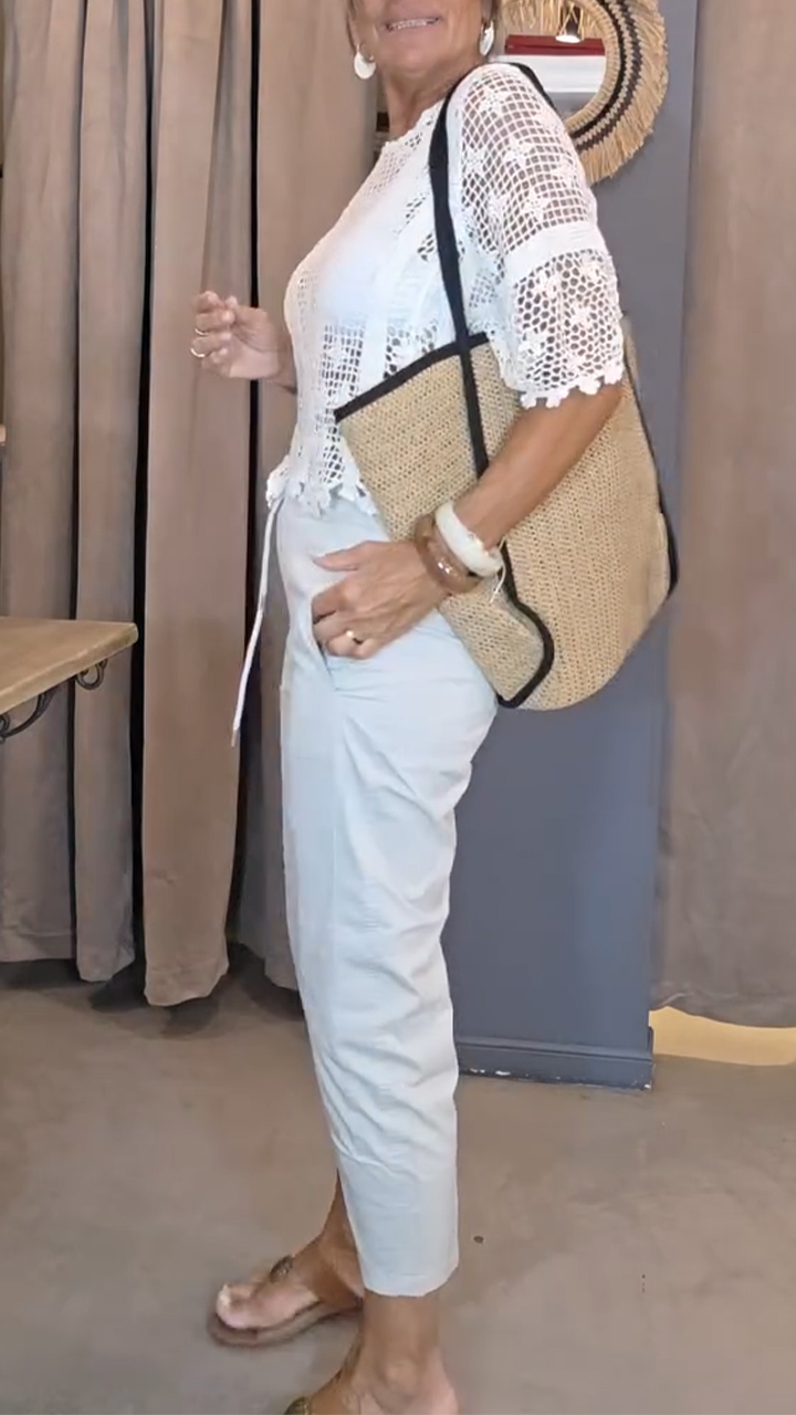 Women Round Neck Hollowed Out Top+ Pants Casual Suit