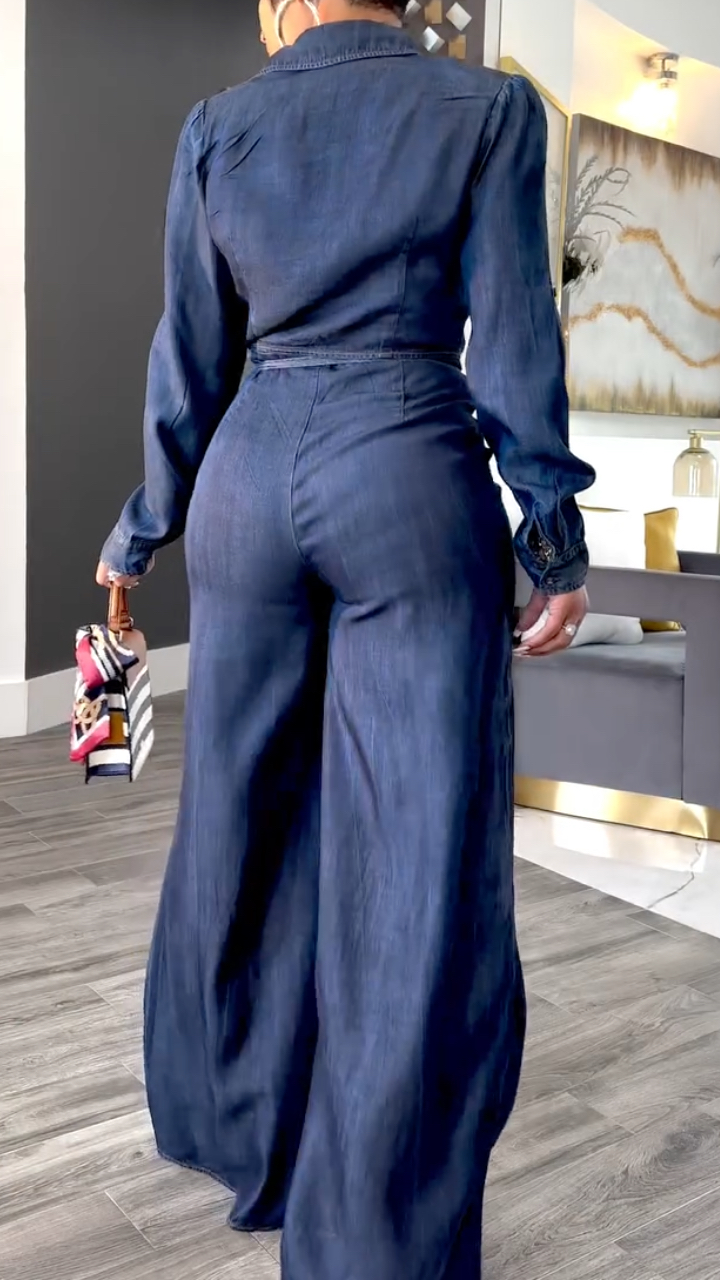 Women's Collared Top + Wide-leg Pants Casual Tencel Denim Suit