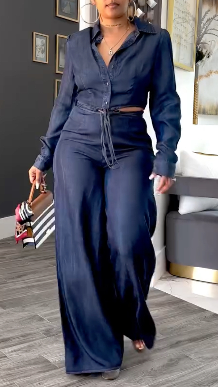 Women's Collared Top + Wide-leg Pants Casual Tencel Denim Suit
