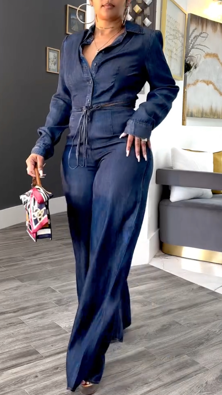 Women's Collared Top + Wide-leg Pants Casual Tencel Denim Suit