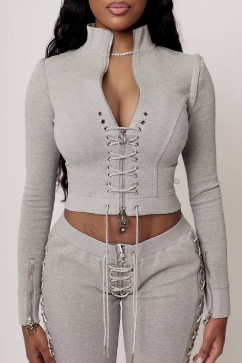 Womens Standing Collar Cross Drawstring Casual Suit